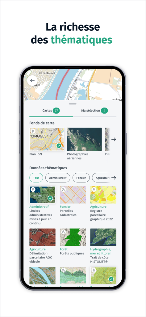 Interface of the Cartes IGN app displaying thematic map layers and data categories for exploration in France