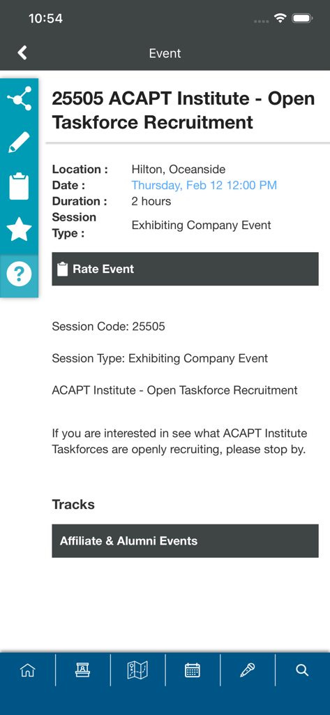 APTA CSM Events - Event details screen in the APTA CSM Events app showing session information for ACAPT Institute taskforce recruitment