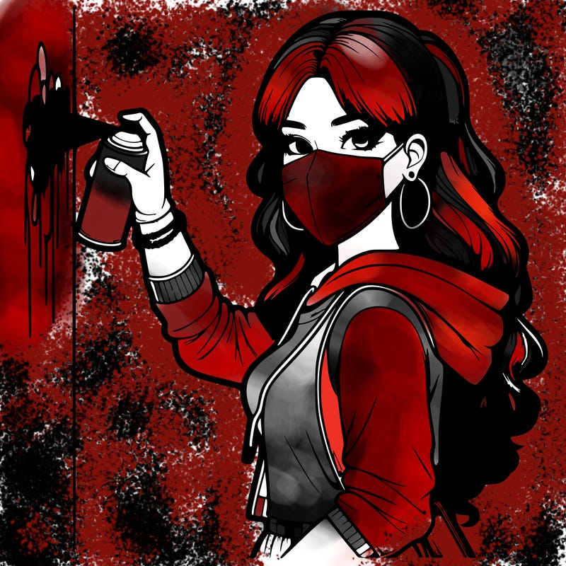 realistic girl with mask spray painting a wall