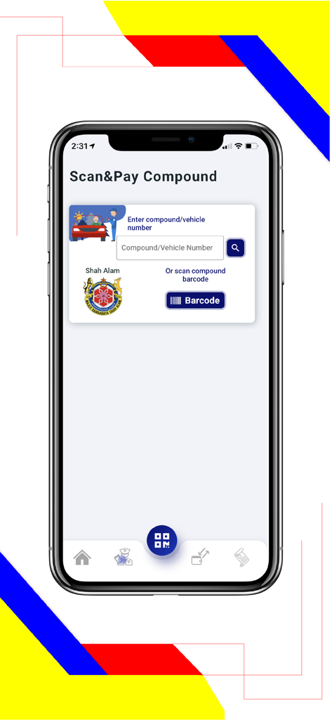 Flexi Parking - A smartphone displaying the Flexi Parking app interface for scanning and paying parking fines or compounds.