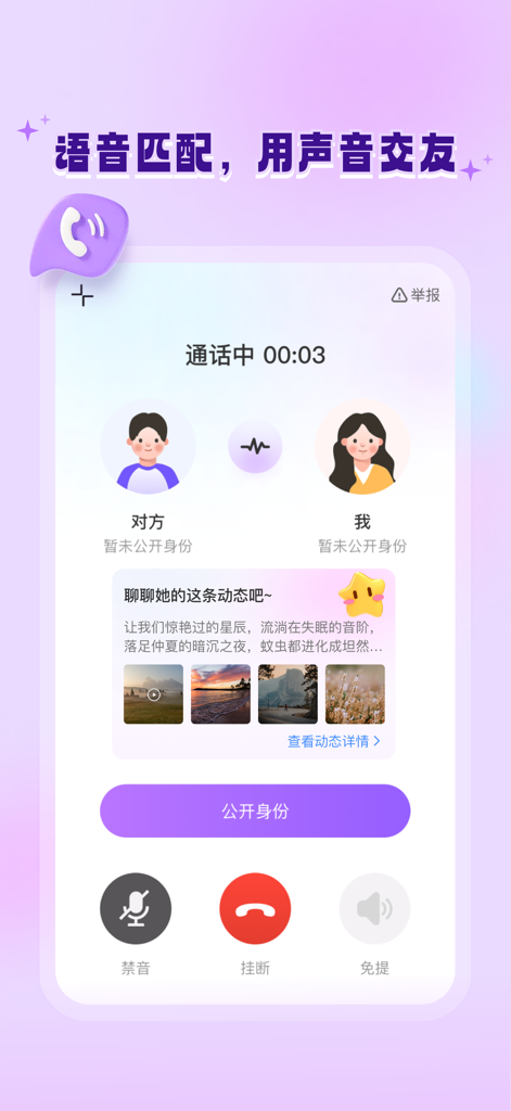 allo - Allo app user interface showing a voice chat connection with two profile avatars and calling options.