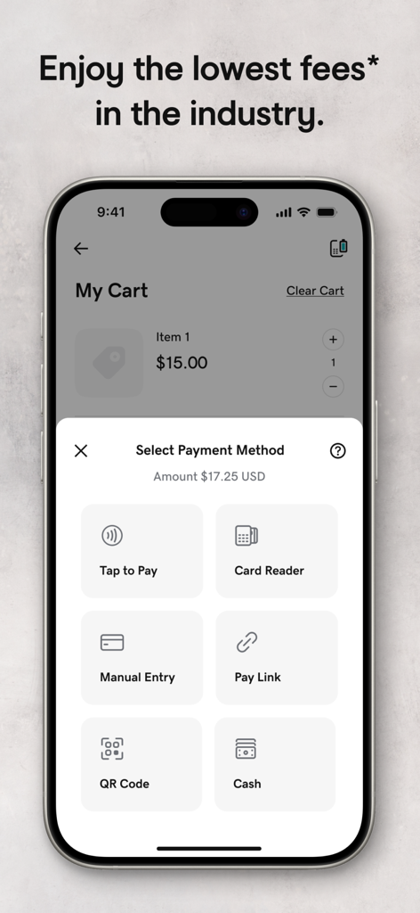 GoDaddy Commerce: POS Payments - iPhone의 탭 결제 및 카드 리더기를 포함한 다양한 결제 옵션을 보여주는 GoDaddy Commerce 앱 인터페이스