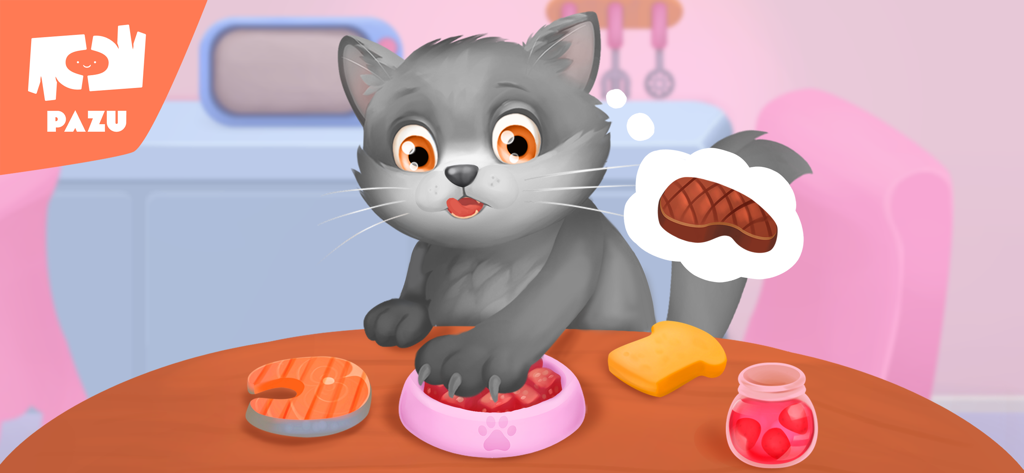 Um gato cartoon cinza pensando em um bife enquanto está sentado à mesa com salmão torrado e ração