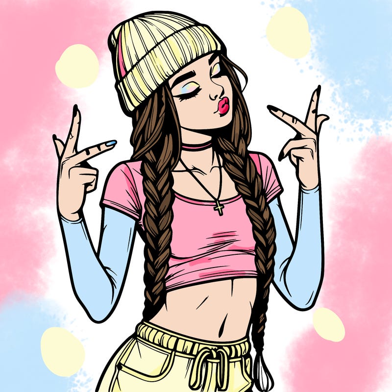 realistic teenage girl with braids and a beanie and crop top doing 🫶🏼