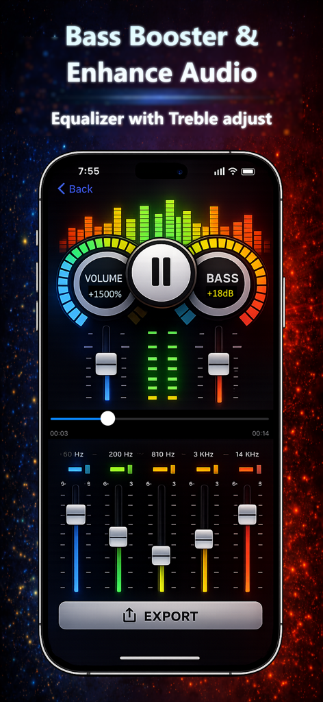 Volume Booster • Bass Booster - Interfaz de la aplicación móvil que muestra los diales de volumen y amplificador de graves con un ecualizador.