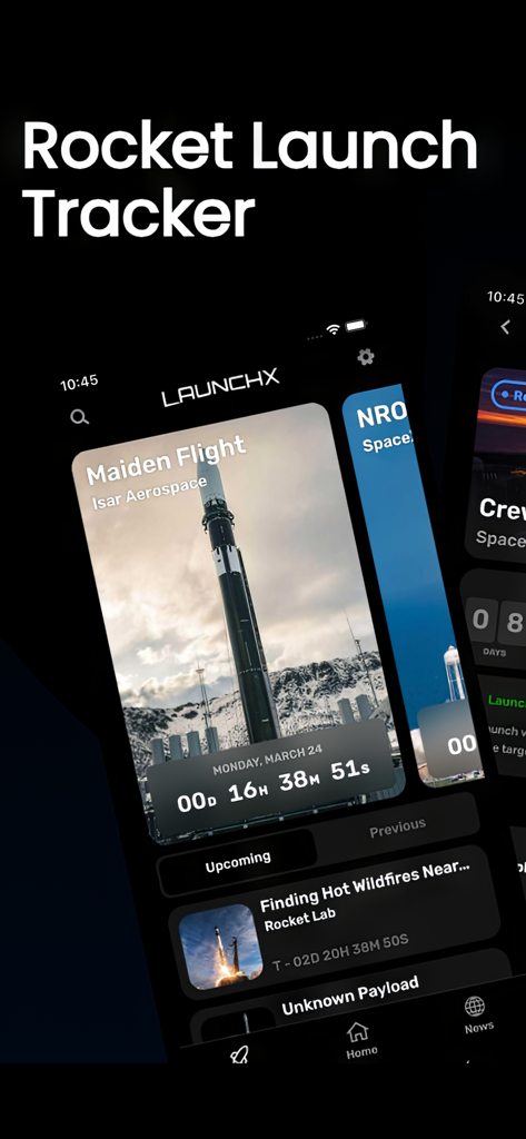 LaunchX: Rocket Launch Tracker - Interface of the LaunchX app showing a countdown for the Isar Aerospace Maiden Flight and a list of upcoming rocket launches.