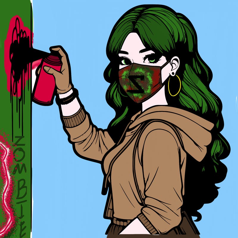 realistic girl with mask spray painting a wall