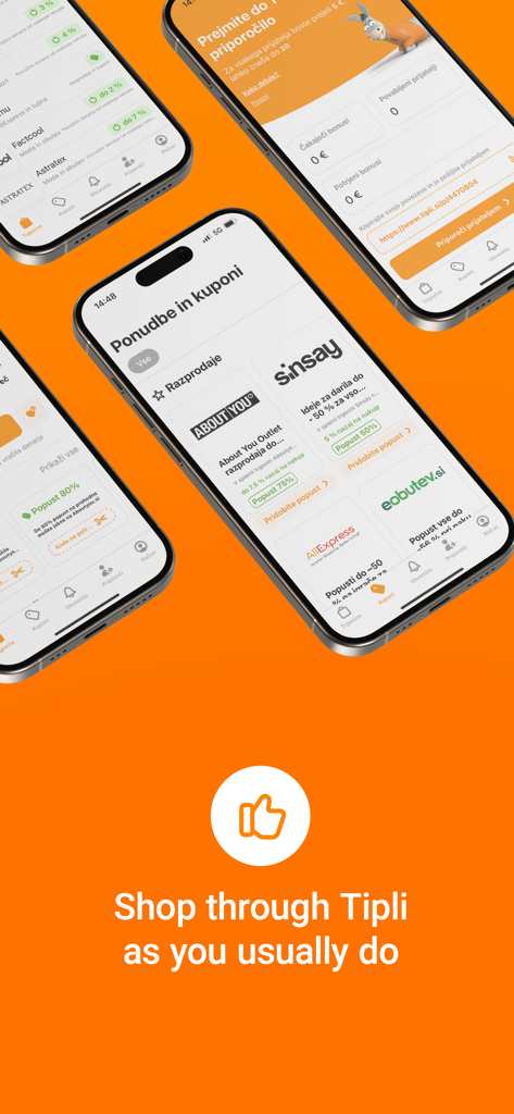 Interface de l'application mobile Tipli montrant des offres de cashback et des coupons d'achat pour divers magasins.