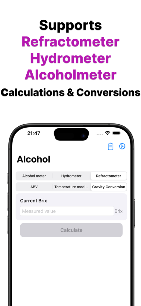 ABV Calculator app interface showing refractometer brix input and brewing measurement options