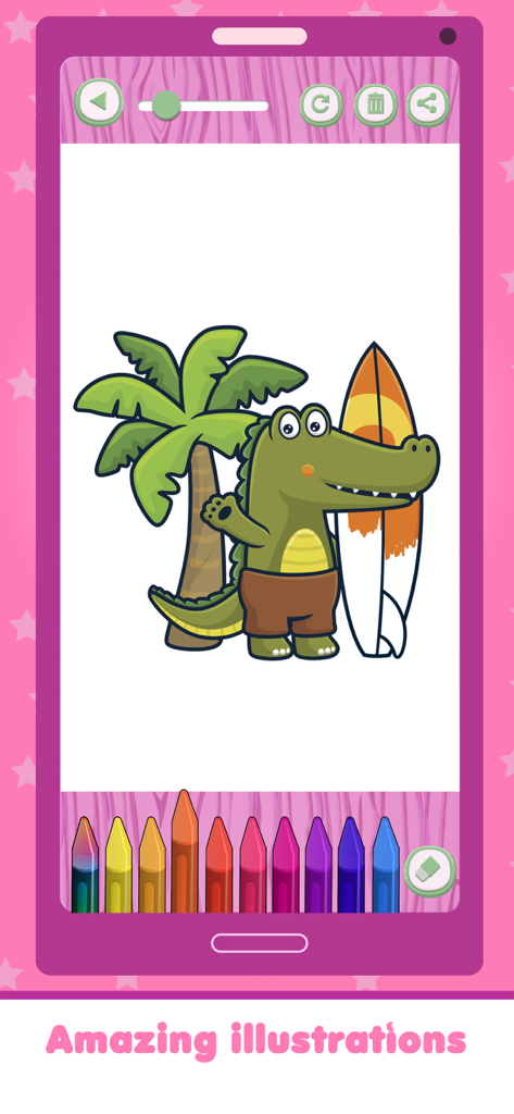 Coloring and painting animals - Interface de aplicativo de colorir digital mostrando um crocodilo de desenho animado com uma prancha de surf e lápis coloridos
