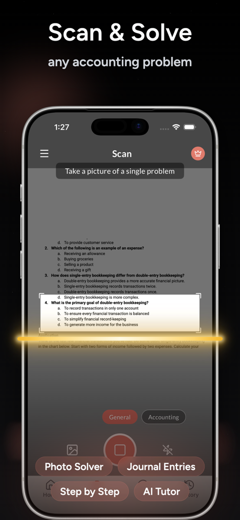 Accounting AI Solver Helper - Interfaz de la aplicación Solucionador IA de Contabilidad escaneando una pregunta de contabilidad de un libro de texto