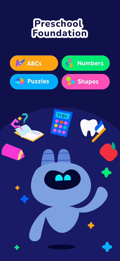 SmartKids Academy Learn & Play - SmartKids Academy app screen showing preschool foundation categories including ABCs, numbers, puzzles, and shapes with a friendly character