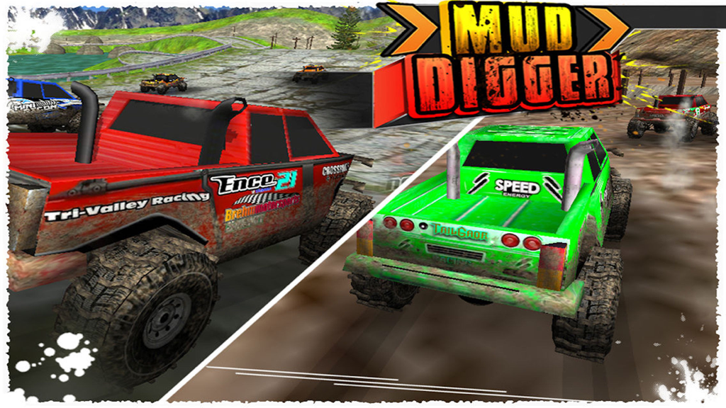 Red and green off-road trucks racing in a muddy terrain simulator