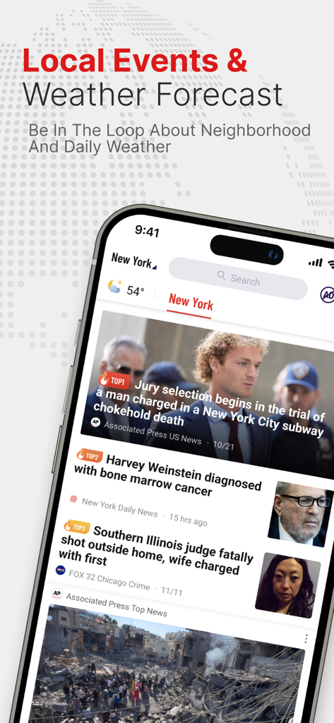 Local News -Breaking & Latest - A smartphone displaying the Local News app interface with headlines and current weather for New York.