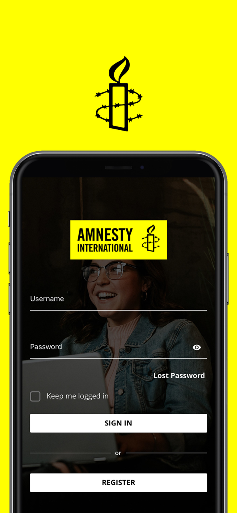 Tela de login e registro do aplicativo Academia de Direitos Humanos da Anistia Internacional