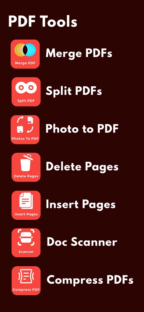 PDF Merger & Splitter - Lista de ferramentas PDF no aplicativo, incluindo mesclar, dividir, foto para PDF e scanner de documentos