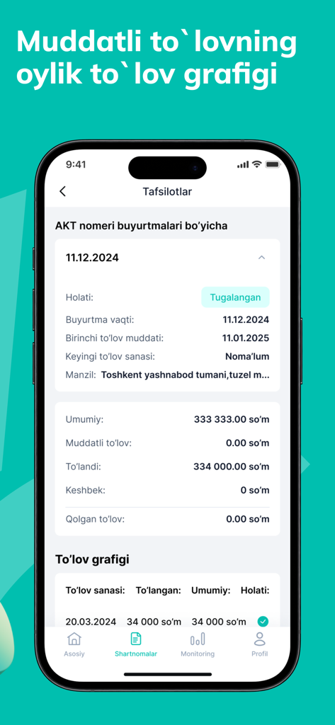 Interface of the Asaxiy Nasiya app showing a detailed payment schedule for an installment purchase.