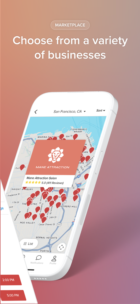 Vagaro App Marktplatz zeigt eine Karte von Salons und Spas in San Francisco.
