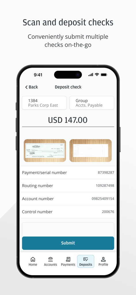 J.P. Morgan Access - Mobile interface of J.P. Morgan Access app showing the scan and deposit checks feature