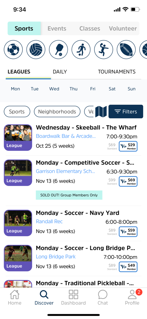 Volo Sports - La schermata Scopri dell'app mobile Volo Sports che mostra un elenco di campionati sportivi disponibili con date e prezzi.