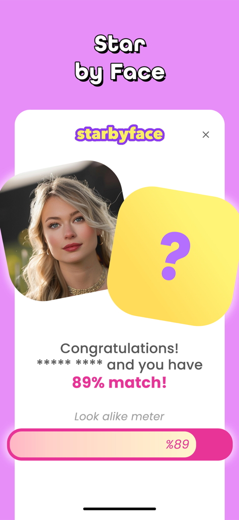 Star by Face·Celeb Lookalike - Una pantalla de la app Star by Face que muestra la foto de una mujer y un resultado de coincidencia del ochenta y nueve por ciento con una celebridad