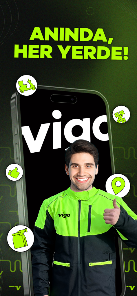 VigoKurye - A courier in a green uniform giving a thumbs up with the Vigo app logo in the background