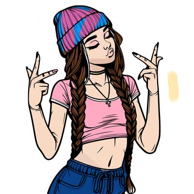 realistic teenage girl with braids and a beanie and crop top doing 🫶🏼