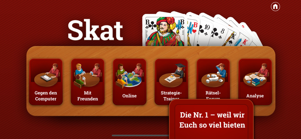 Skat - Menú principal de la aplicación Skat mostrando modos de juego como juego contra computadora, partidas en línea y entrenamiento de estrategia.