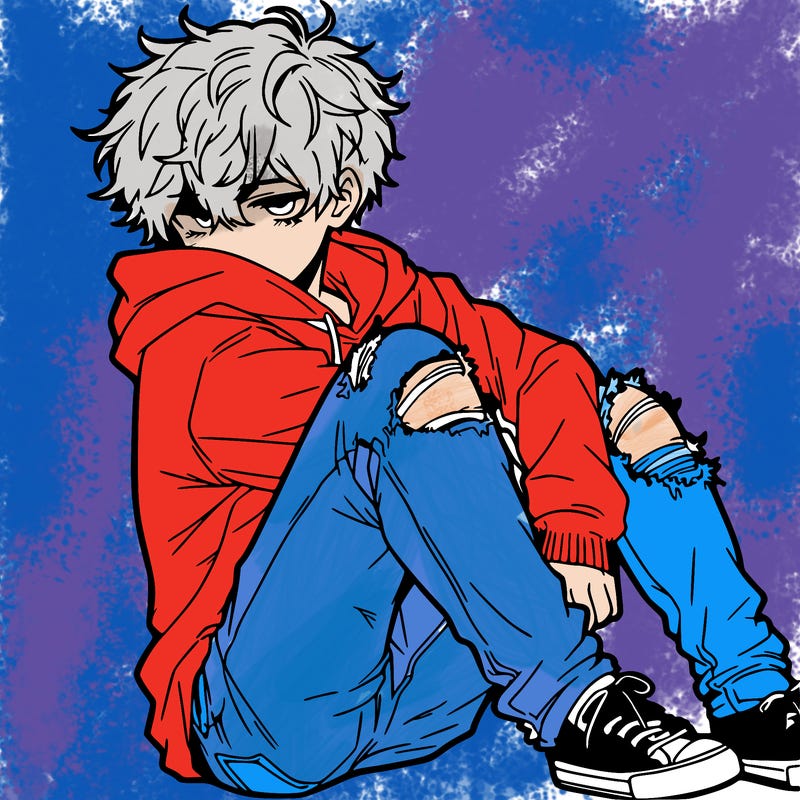 a male hoddie ripped jeans messy hair anime
