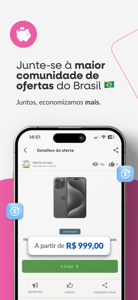 Promobit - Ofertas e Descontos - Interface do aplicativo Promobit mostrando uma oferta verificada de iPhone e mensagem da comunidade brasileira