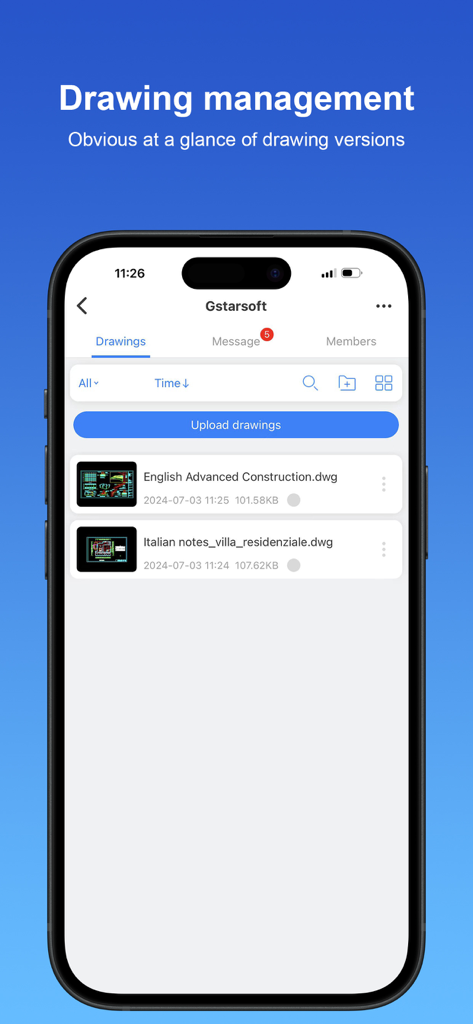 GstarCAD - GstarCAD mobile app interface showing a list of architectural and construction drawings in the management dashboard.