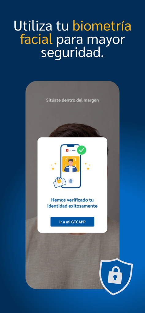 GTCApp - GTCApp facial recognition screen showing successful identity verification for secure banking