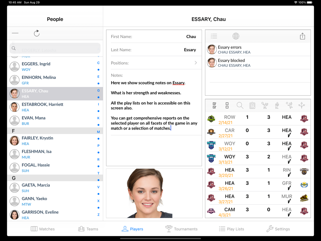 DVMate iPad app showing a volleyball player scouting profile with match history and video playlists