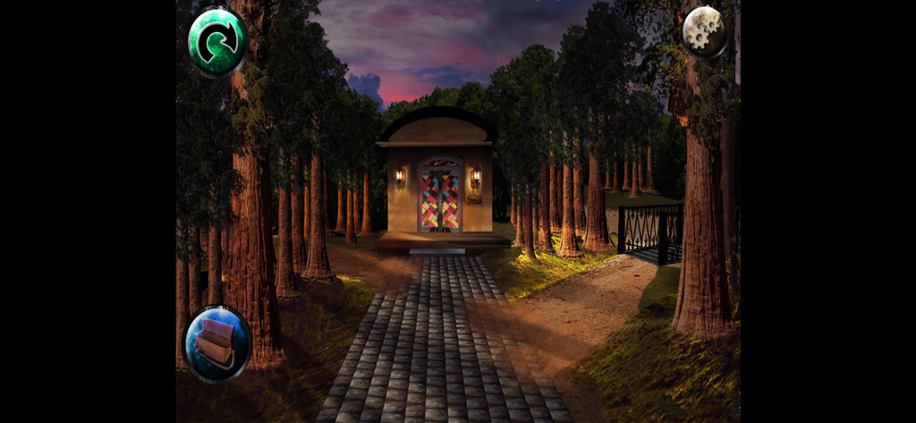 Davey's Mystery 2 - A point and click adventure scene showing a stone path leading to a mysterious building in a dense forest at sunset.