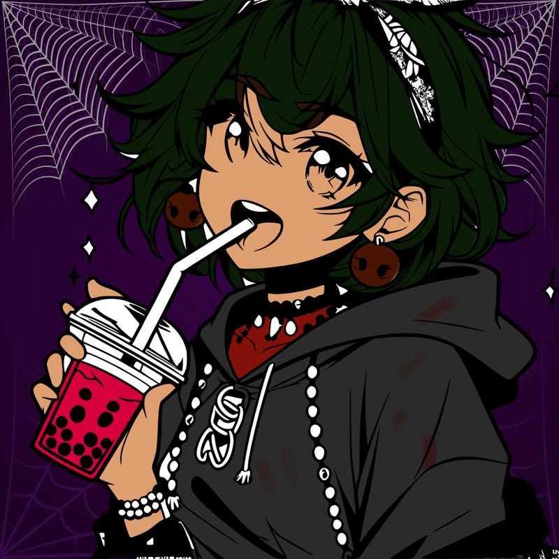hot baddie anime girl drinking boba and biting the straw
