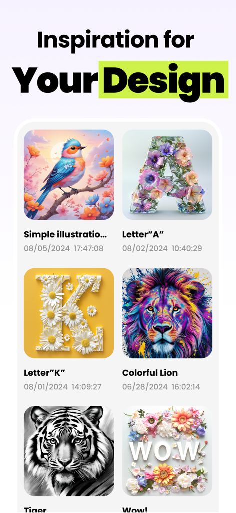 Grack AI : AI Photo Generator - A gallery of AI-generated images in the Grack AI app including floral alphabet letters and a colorful lion for design inspiration.