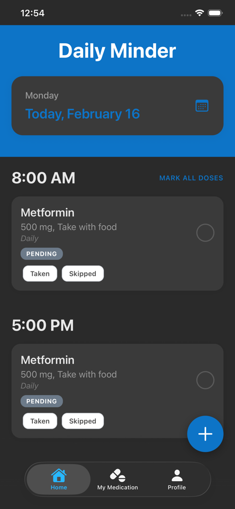 Daily Minder - Pantalla de inicio de la aplicación Daily Minder que muestra un horario de medicamentos claro con horas de recordatorio y botones de acción