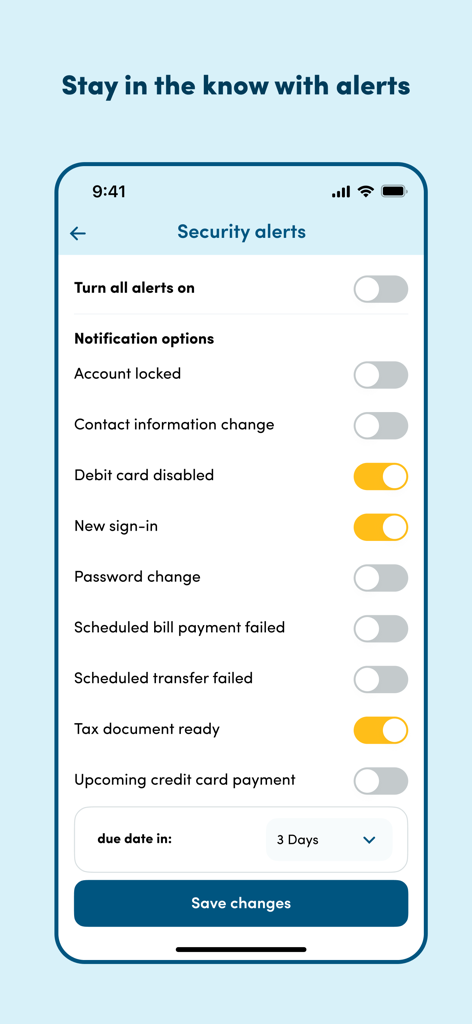 Meridian Mobile Banking - Meridian Mobile Banking app security alerts screen showing notification settings and toggle switches for account activity