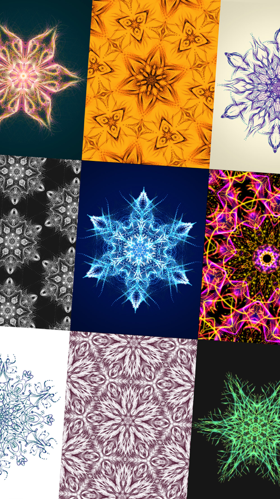 A grid showing various colorful and glowing digital mandala designs