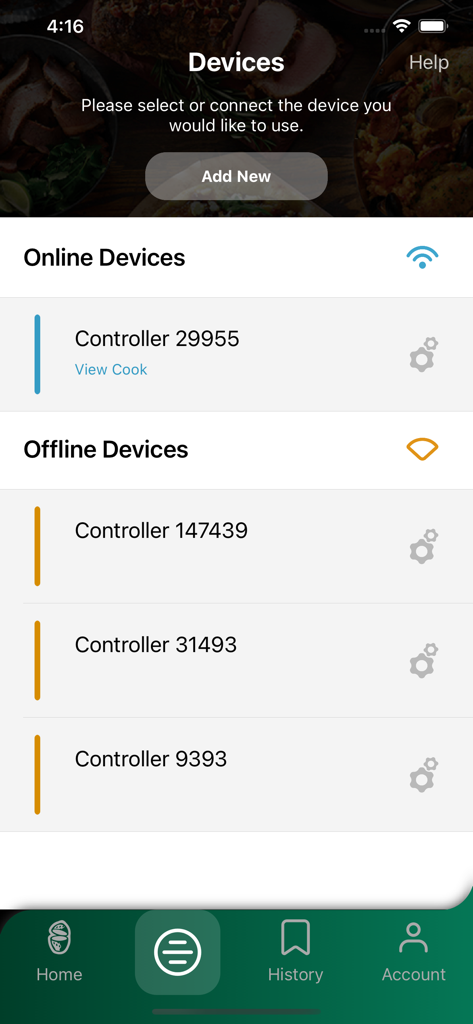 EGG Genius - The Devices screen in the EGG Genius app showing online and offline grill controllers.