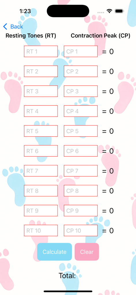 Labor & Delivery Assistant - Montevideo Units calculator interface with input fields for resting tones and contraction peaks