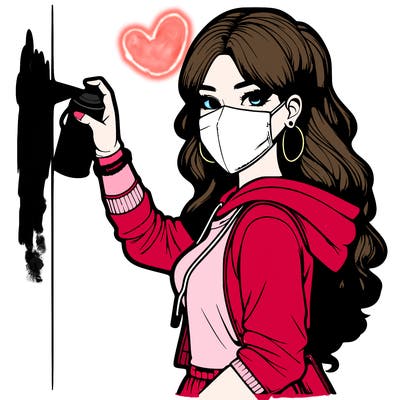 realistic girl with mask spray painting a wall