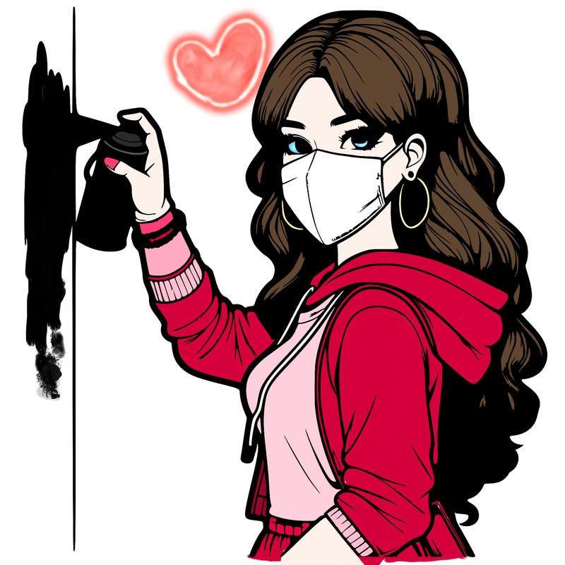 realistic girl with mask spray painting a wall