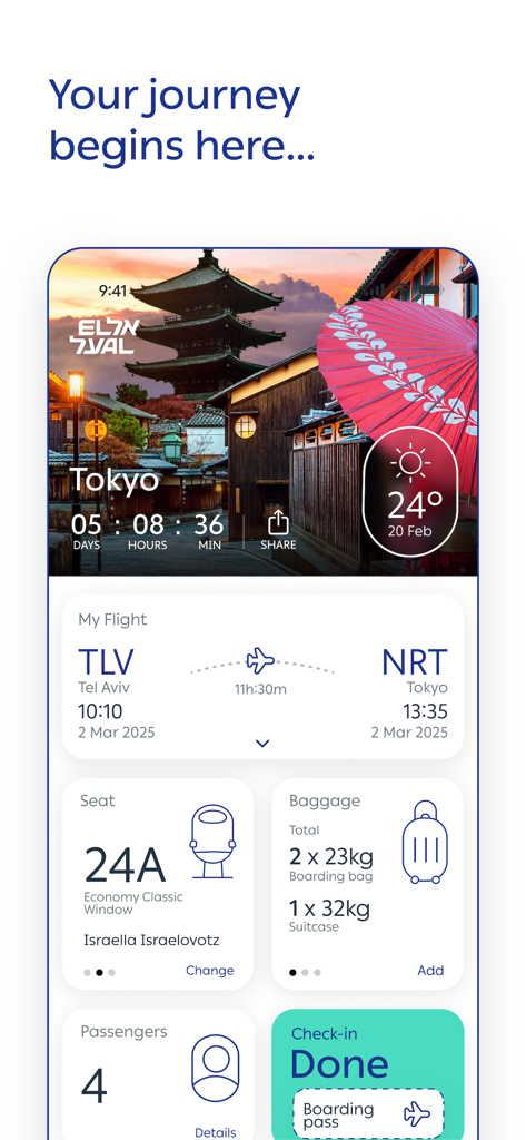 EL AL - Captura de pantalla de la aplicación EL AL que muestra los detalles del vuelo de Tel Aviv a Tokio, incluyendo la selección de asientos, la franquicia de equipaje y el estado del check-in