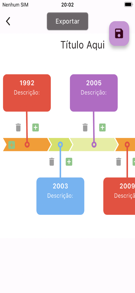 Interfaz de Timeline Maker Easy mostrando una línea de tiempo cronológica colorida con cuadros de eventos y fechas editables