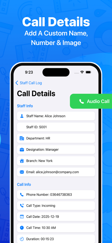 Contact Pro Desk - An iPhone display showing the Call Details screen of the Contact Pro Desk app with staff information and specific call logs like duration and date.