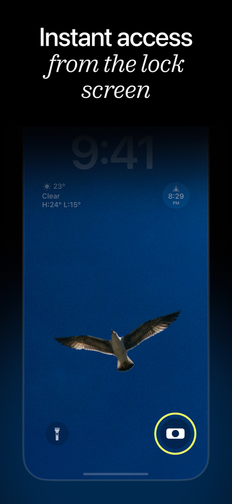 Lampa — Digital & Film Camera - Lampa camera shortcut icon on a mobile lock screen for instant photo capture