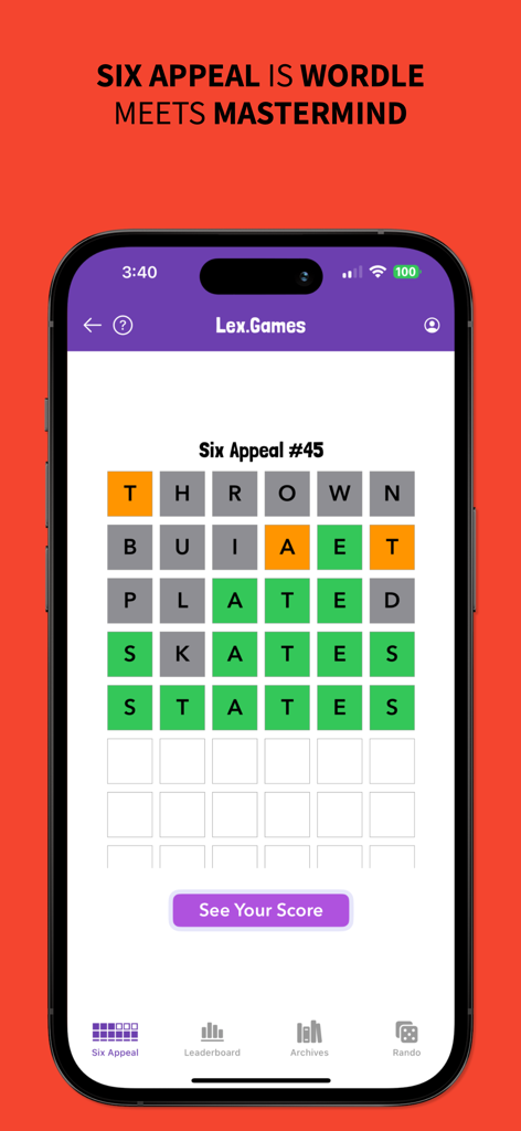 Lex GamesのSix Appealゲームプレイ画面。6文字の単語パズルが表示されています。