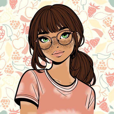 realistic girl with freckles and clear glasses
