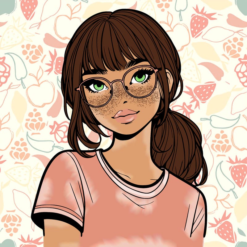 realistic girl with freckles and clear glasses